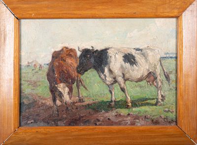 tableau représentant deux vaches dans un champ, avec le ciel en arrière-plan