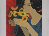 a painting of a woman holding a bouquet of sunflowers