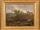 une peinture à l'huile représentant un paysage fluvial avec un château en arrière-plan