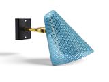 a blue wall lamp with a metal holder on it