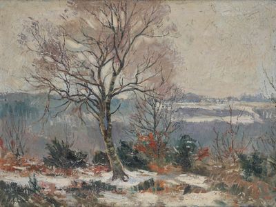 une image représentant un tableau d'un arbre dans la neige