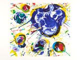 abstract painting of a blue and white heart surrounded by paint splatters