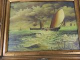a picture of a painting of a sailboat in the ocean