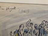 drawing of a group of people standing in front of a painting on a wall