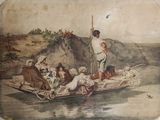 un tableau représentant un homme sur un bateau avec des personnes à bord