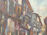 painting of a street scene with buildings and a person walking down the street