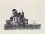 dessin au crayon représentant un grand bâtiment surmonté d'une tour horloge