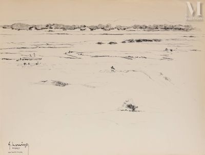 dessin représentant un paysage avec un cheval solitaire au premier plan