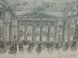 drawing of a drawing of a building with a crowd of people in front of it