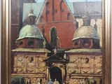 une peinture à l'huile représentant des personnes marchant devant un bâtiment rouge