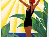 vintage french travel poster of a woman in a bathing suit on the beach