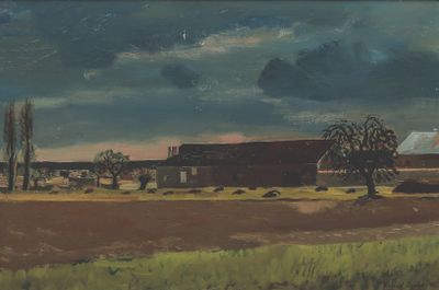 une peinture à l'huile représentant une ferme avec une grange en arrière-plan