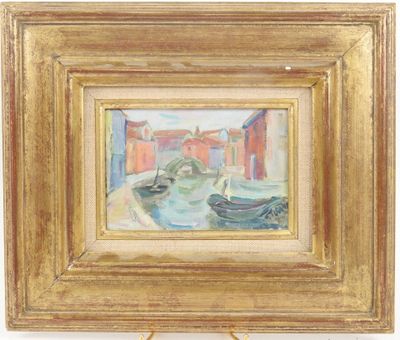 une peinture à l'huile représentant des bateaux dans un port avec des bâtiments à l'arrière-plan