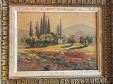 painting of a landscape with a house and trees in a gold frame