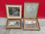 two framed paintings of a landscape and a painting of a river