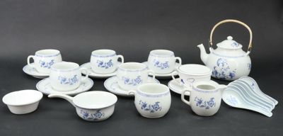 a picture of a collection of blue and white tea and coffee sets