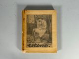 un vieux livre sur lequel figure le dessin d'une femme assise sur une chaise