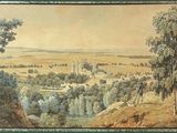 an image of a painting of a landscape with trees and a river
