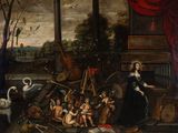 tableau représentant une femme entourée d'anges et d'autres objets