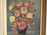 an oil painting of a vase of flowers on a table