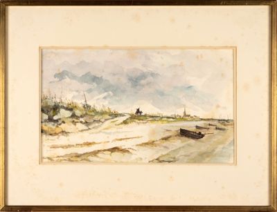 an image of a painting of a beach scene with a boat