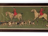 tableau représentant deux hommes à cheval, avec des chiens de chasse au premier plan