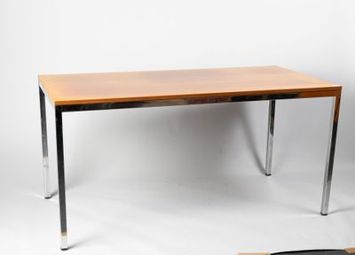 an image of a wooden table with metal legs on a white background