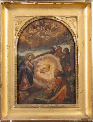 painting of the nativity of jesus in a golden frame