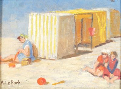 tableau représentant un couple assis sur une plage, près d'une cabane de plage