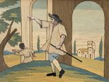 a painting of a man holding a stick and pointing at something