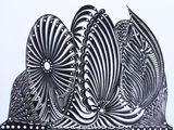 a black and white drawing of a crown on a table