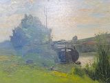 une peinture représentant un bateau sur l'eau dans un champ