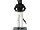 statue of a black cat in a black shirt and white pants