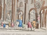 a drawing of a group of people standing in a building