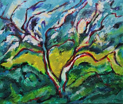 a painting of a tree in the middle of a green field