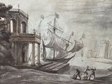 a drawing of a boat in the water near a building