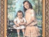 painting of a mother and child sitting on a bench in a park