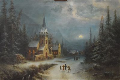 a painting of a church in the middle of a snowy landscape