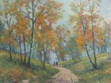 tableau représentant un homme marchant sur un chemin de terre dans les bois