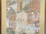 framed picture of a painting of a group of people in a temple