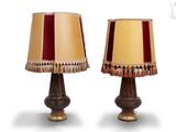 paire de lampes avec des abat-jours rouges et dorés sur fond blanc