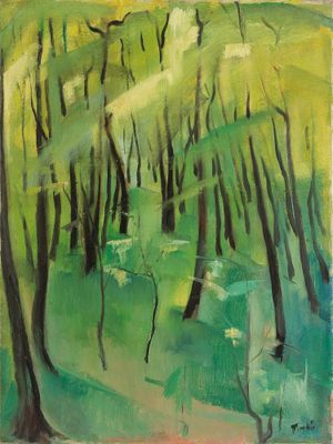 un tableau représentant un champ vert avec des arbres au premier plan