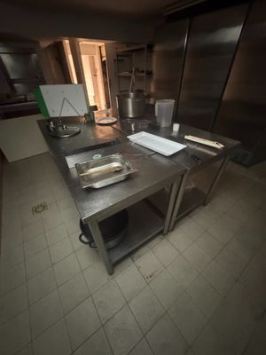 dimly lit kitchen with stainless steel counter tops and stainless steel cabinets