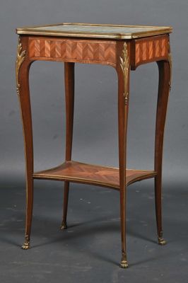 an old wooden table with a glass top and a shelf