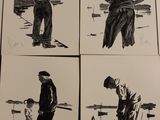 four black and white drawings of a man with a basket of fruit