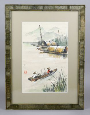 CHINE Personnages et barques sur le fleuve