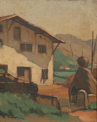 painting of a house with a thatched roof in a rural area
