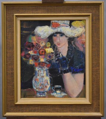 portrait of a woman in a straw hat with flowers in a vase