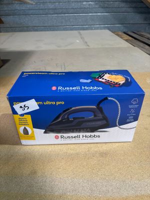 a box of russell hobbss ultra pro steam iron on a table