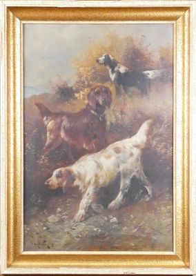 tableau représentant deux chiens poursuivant un chien dans un champ, en compagnie d'autres chiens
